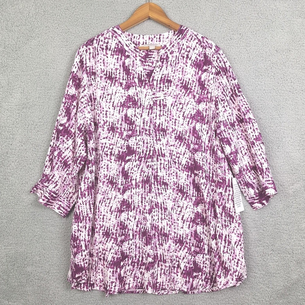 Woman Within Tunic Womens 18/20 Purple Abstract Splash 3/4 Sleeve Boho